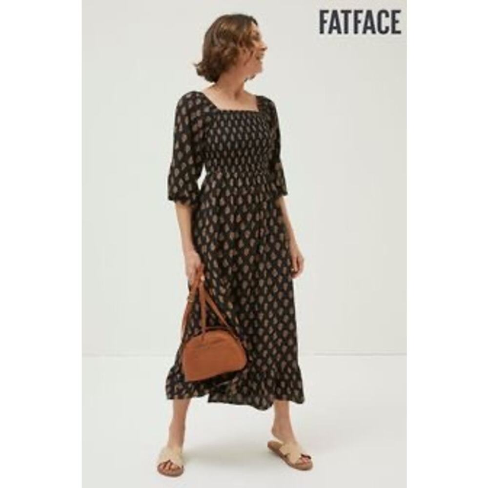 Fat Face smocked black printed midi dress